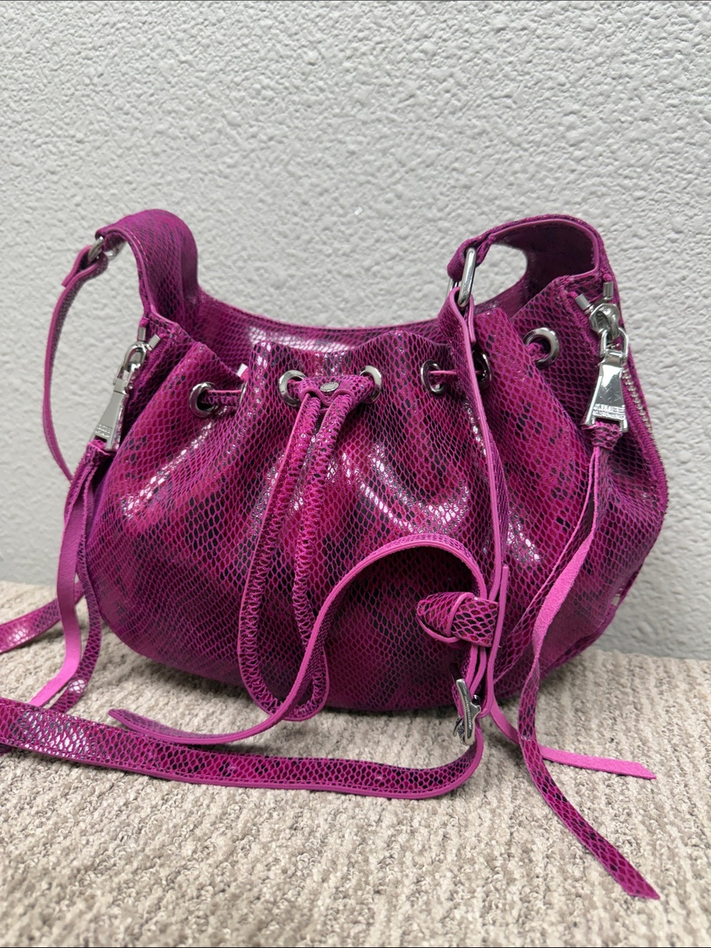 Aimee Kestenberg Serene Magenta Cobra Textured Drawstring Crossbody Hobo Bag